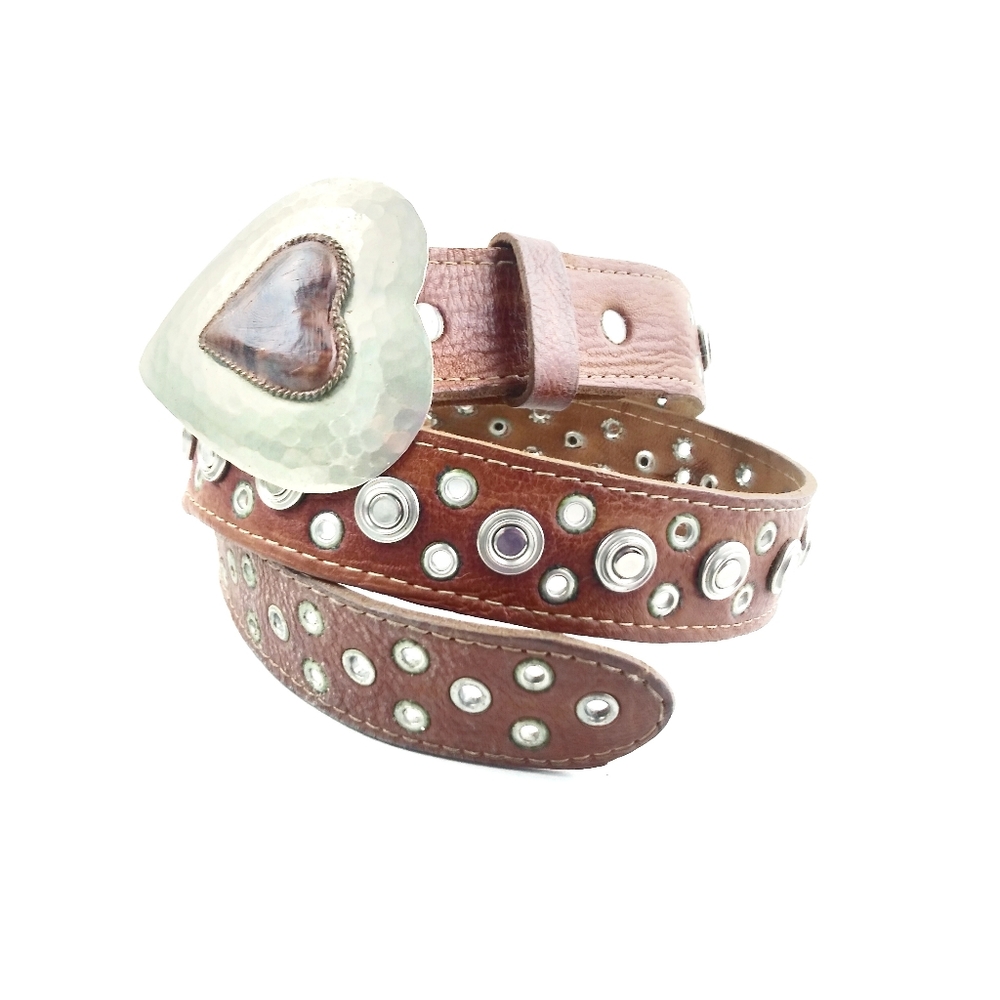 Chicos Vintage Leather Belt with Heart Buckle Med